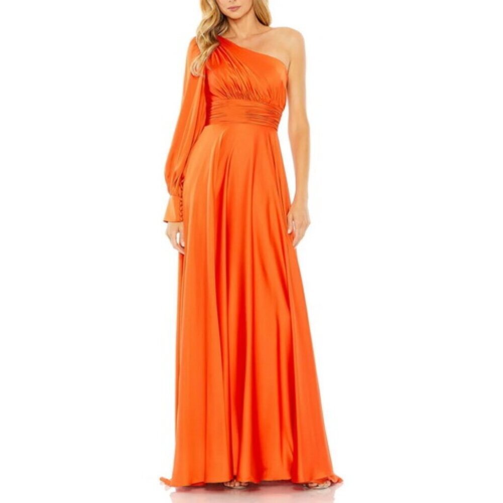 Ieena Mac Duggal Orange One-Shoulder Long Sleeve Satin Gown